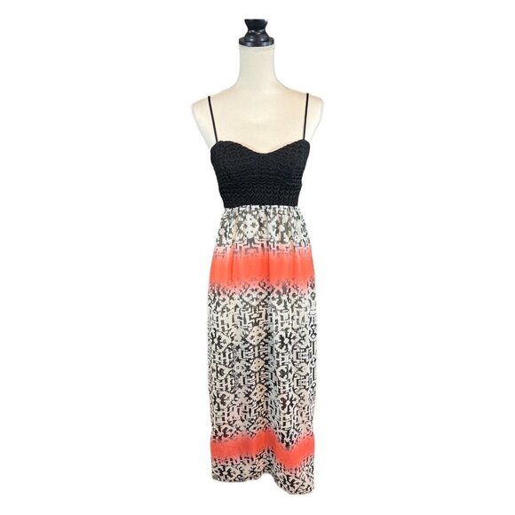 Windsor Womens Small Maxi Dress Smocked Halter Sheer Lined‎ Abstract Pink Black - Picture 1 of 7